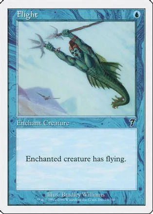 Green creature flying with wings, blue and white card art, standard card.