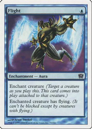 Dark winged creature flying against a blue and purple background on a Magic card.