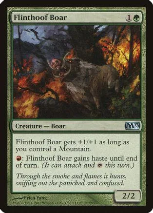 Dark boar creature card art in a black frame, showing a wild animal in a fiery forest.