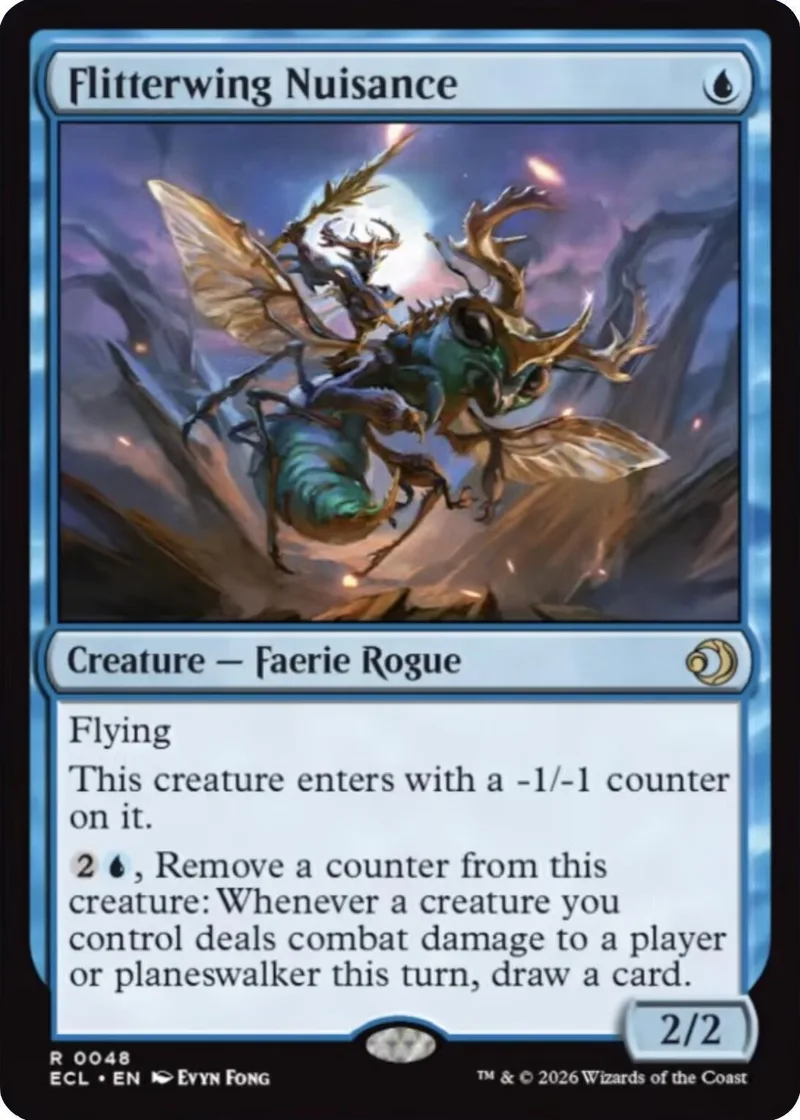 Blue and purple fantasy creature card, Flitterwing Nuisance, in standard Magic: The Gathering frame.