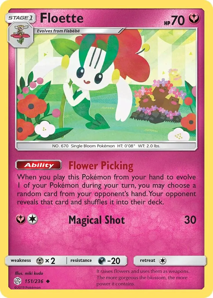 White and green Pokémon card, Floette, with flower art and ability text.