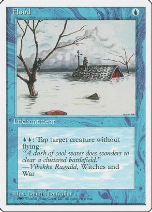 Blue and white Magic: The Gathering card, "Flood," depicting a flooded landscape.