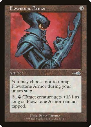 Blue armored creature on red background, Magic: The Gathering card art.