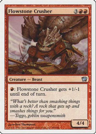 Large, grey, armored beast on a wooden raft, Flowstone Crusher card art.