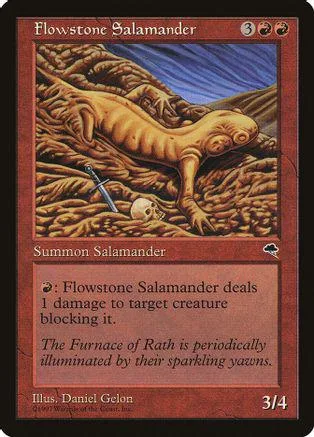 Orange salamander on brown terrain, black card frame, 3/4 stats visible.