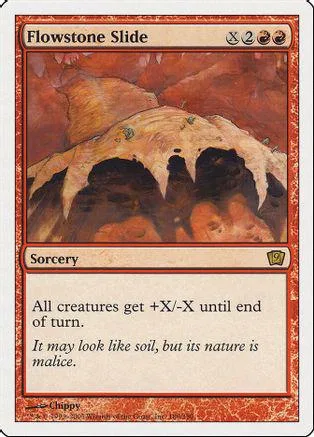 Card art shows brown, rocky landscape. Text reads "Flowstone Slide." Sorcery type.