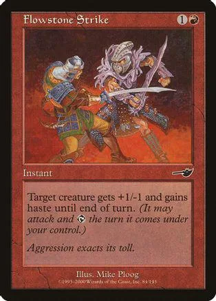 Fantasy battle scene on a trading card. Purple and blue figures clash.