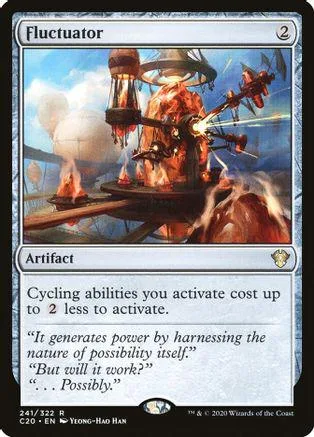 Card art depicts fiery, mechanical structure against a bright sky. Fluctuator artifact card.