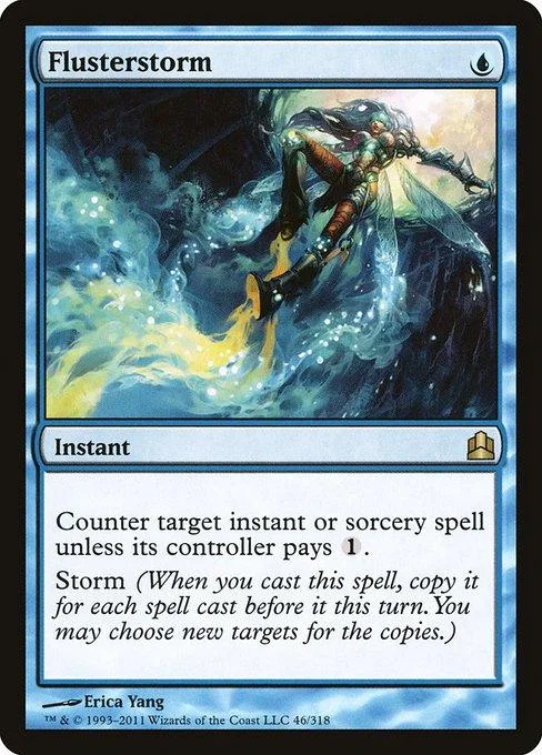 Dark fantasy creature flying through stormy blue and black clouds on a card.