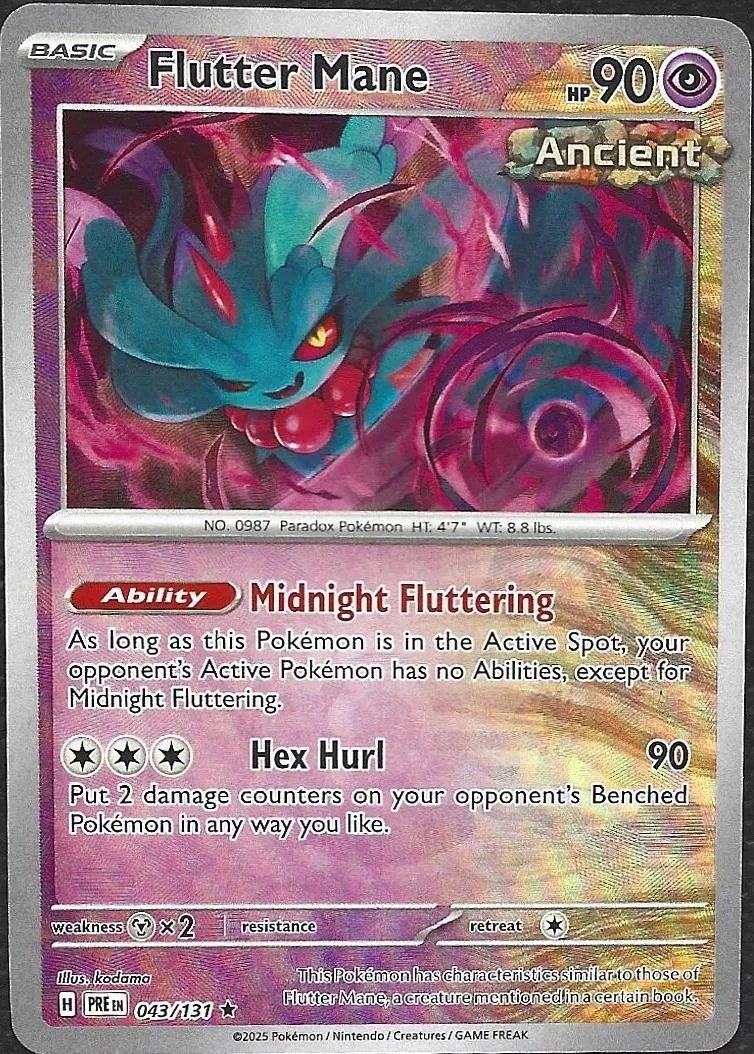 Blue dragon Pokémon card, "Flutter Mane," with purple and pink artwork.
