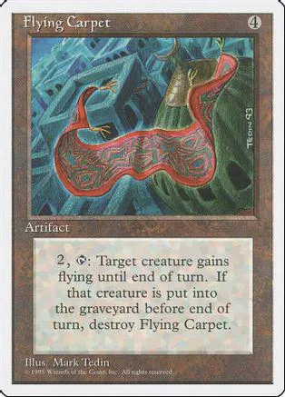 Red and blue flying carpet artwork on a Magic: The Gathering card.