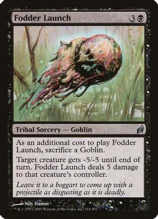 Bloody, fleshy creature on a card art background. Tribal Sorcery - Goblin.