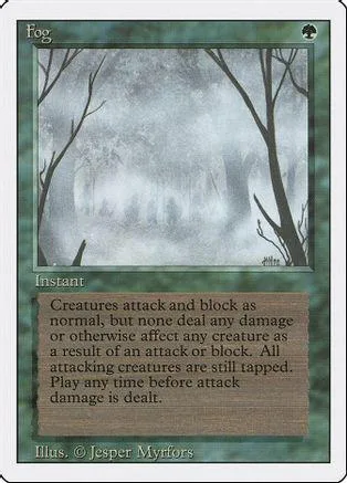 Fog Magic: The Gathering card. Gray, misty forest scene on green card.