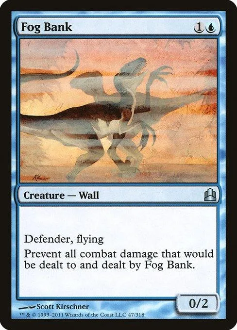 Magic: The Gathering card, Fog Bank, featuring a prehistoric creature illustration.