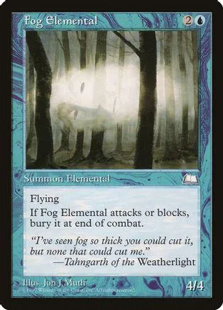 Forest scene card art, blue and green, Fog Elemental creature with text box.