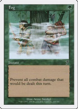 White and green card art showing two figures in a misty, wooded scene.