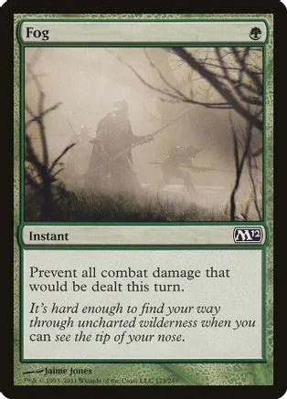Green and white card art depicting figures in a foggy, wooded landscape.