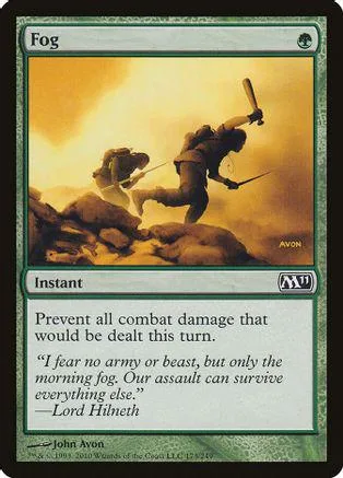 Fantasy art card featuring two figures in a misty, golden landscape.