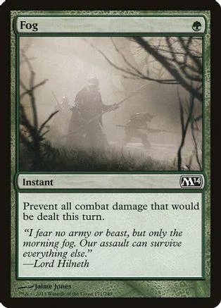 Green and grey Magic: The Gathering card featuring a misty forest scene.