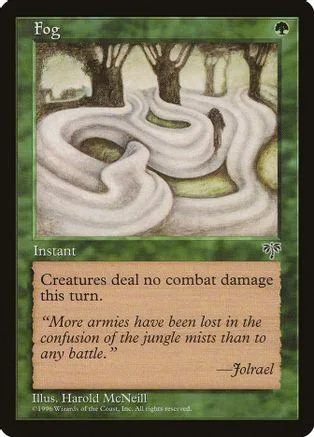 Swirling fog landscape on a Magic: The Gathering card. Green and white tones.