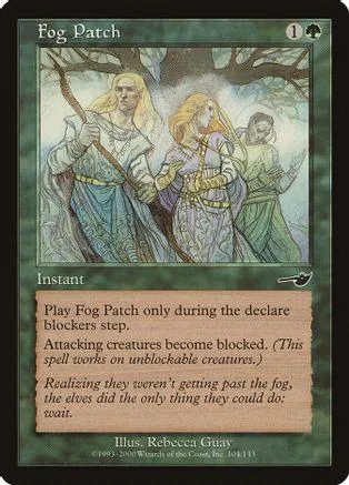 Fantasy art card featuring three figures in a misty, wooded scene.