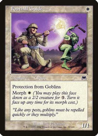 Creature card featuring a human and a green goblin in a purple landscape.