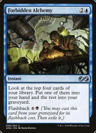 Dark fantasy art on a Magic: The Gathering card, Forbidden Alchemy.