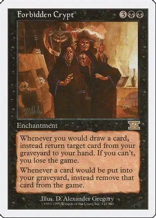 Dark fantasy card art featuring figures in cloaks within a crypt setting.
