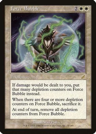Green and purple magic card featuring a shadowy, winged figure within a glowing sphere.