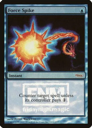 Blue and black Magic: The Gathering card, Force Spike, showing a fiery starburst.