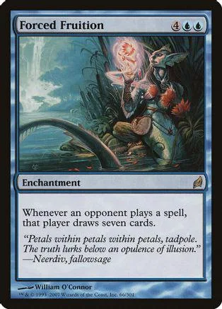 Blue and green fantasy art card, "Forced Fruition," showing a creature in a forest.