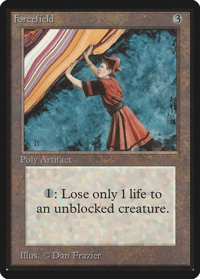 Card art depicts person in red and brown fabric against blue sky. Forcefield card.