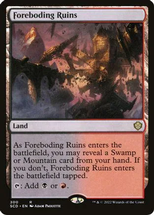 Dark, ruined landscape art on a black and white Magic: The Gathering land card.