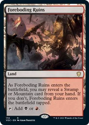 Dark, ruined castle landscape on a black and purple Magic: The Gathering card.