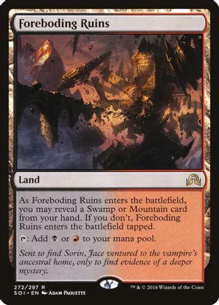 Dark, ruined landscape art on a black and red Magic: The Gathering land card.