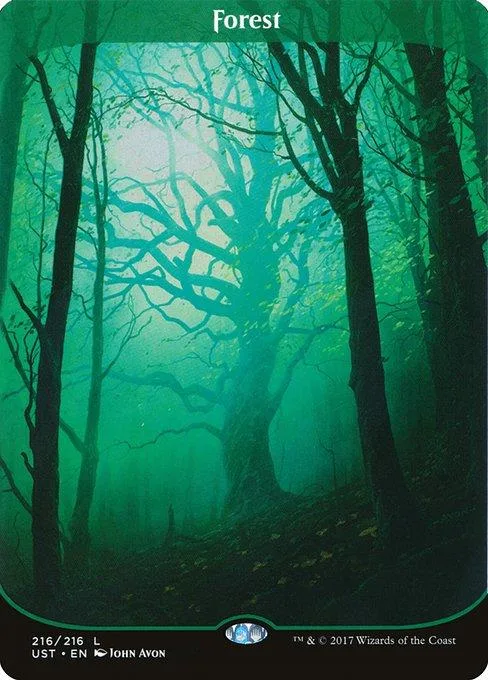 Green forest scene card with dark trees and bright, misty background.