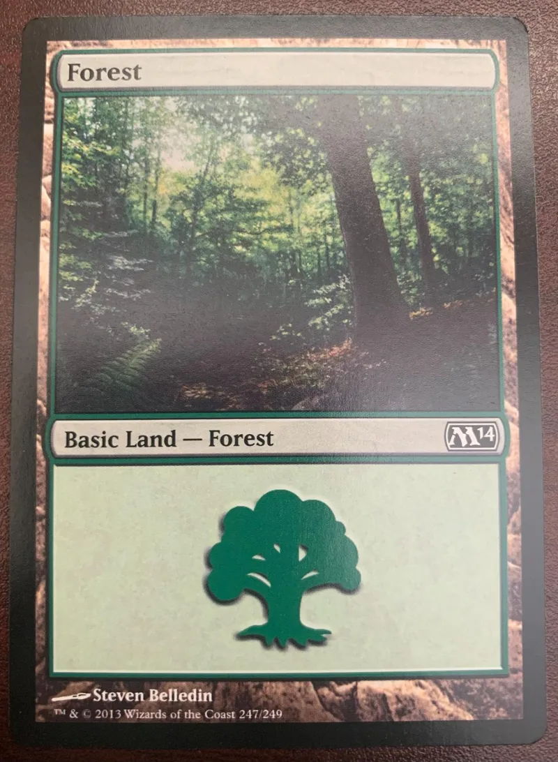 Forest land card featuring a dense green forest scene and a green tree symbol.
