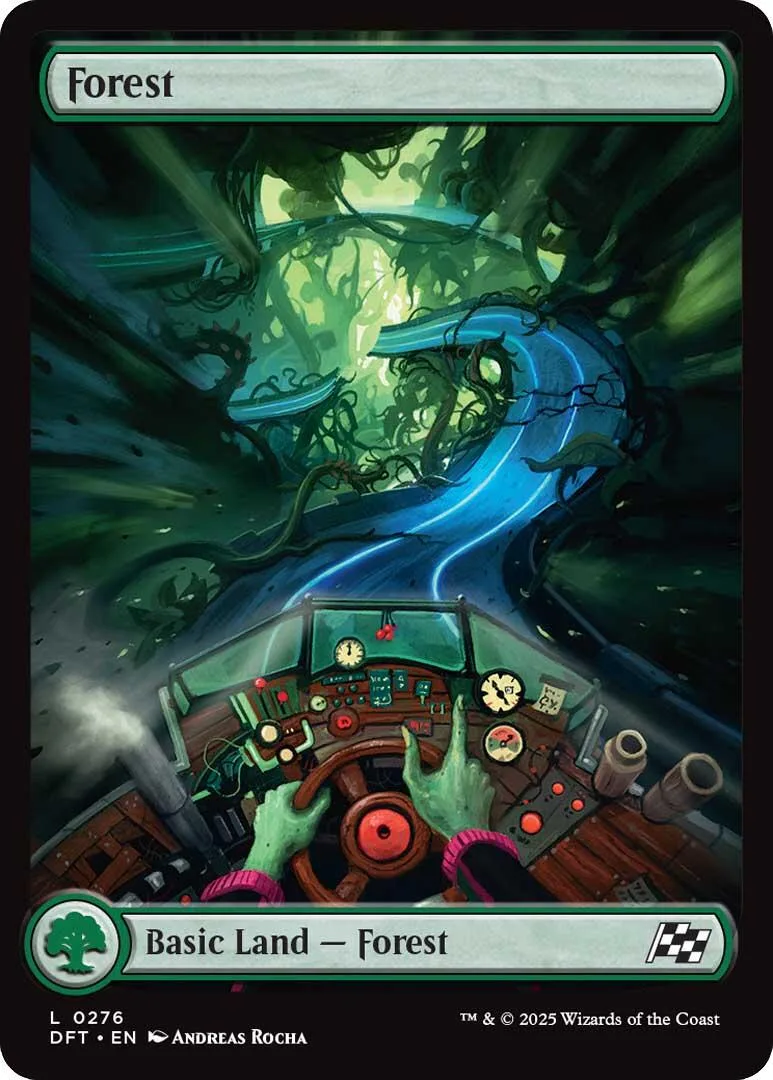 Green forest scene with a winding blue path leading to a ship's helm.