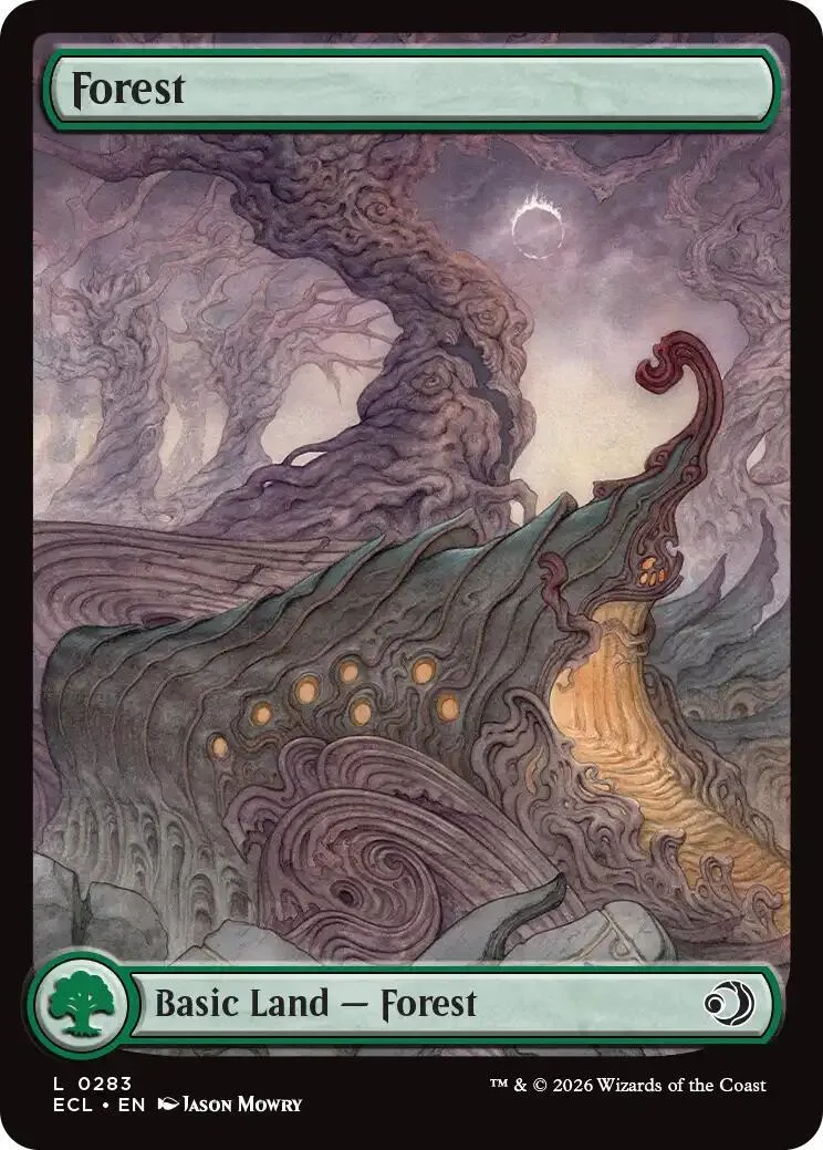 Fantasy landscape art on a Magic: The Gathering Forest land card.