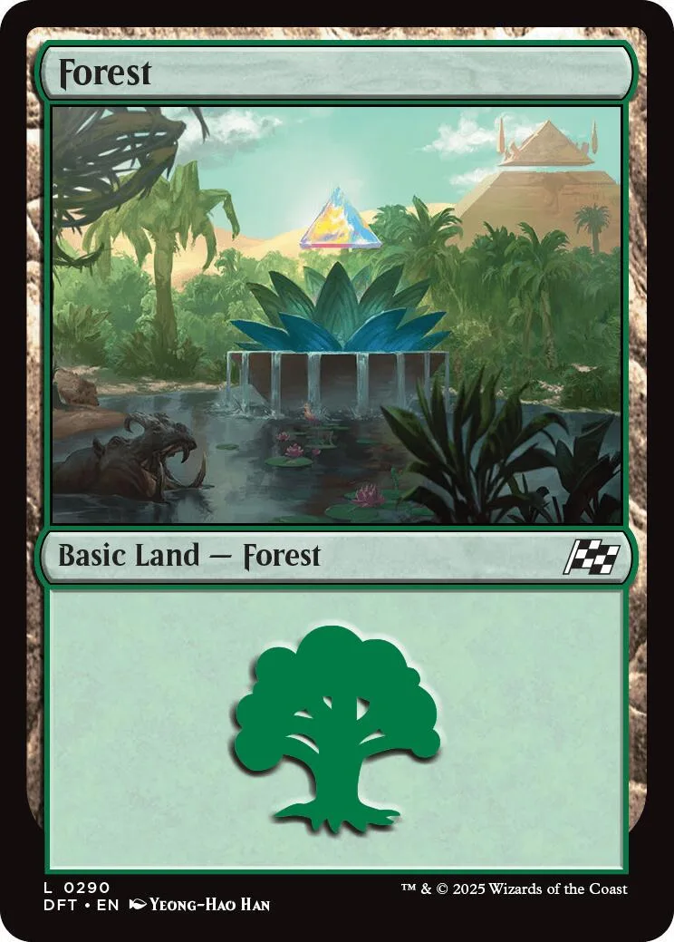 Green forest landscape card with a blue and yellow crystal in a pond.