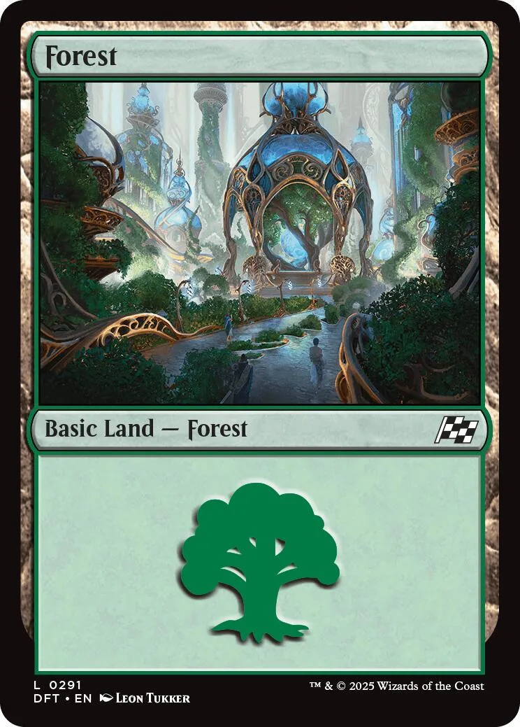 Magic: The Gathering Forest land card art showing a mystical, blue-tinged forest scene.