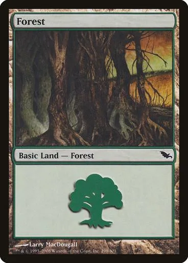 Forest land card art showing dark trees against an orange sunset.
