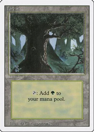 Green forest landscape on a Magic: The Gathering land card.