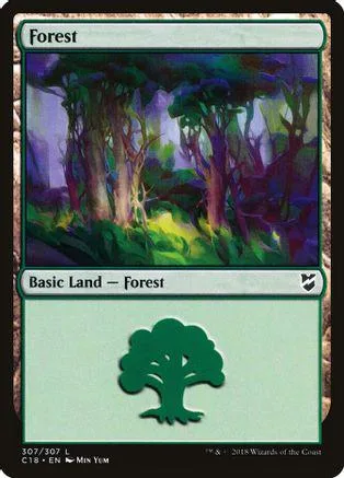 Forest basic land card featuring a dark, lush forest scene.