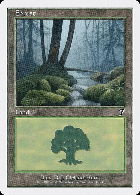 Forest land card art showing misty woods, stream, and mossy rocks.