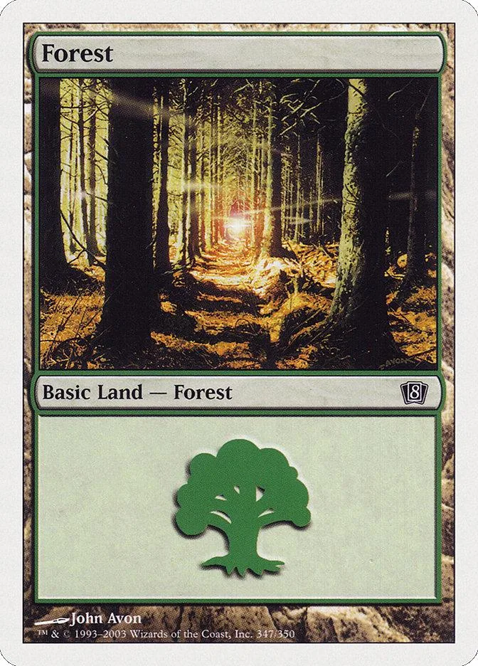 Forest land card art showing sunlit path through a dense forest.
