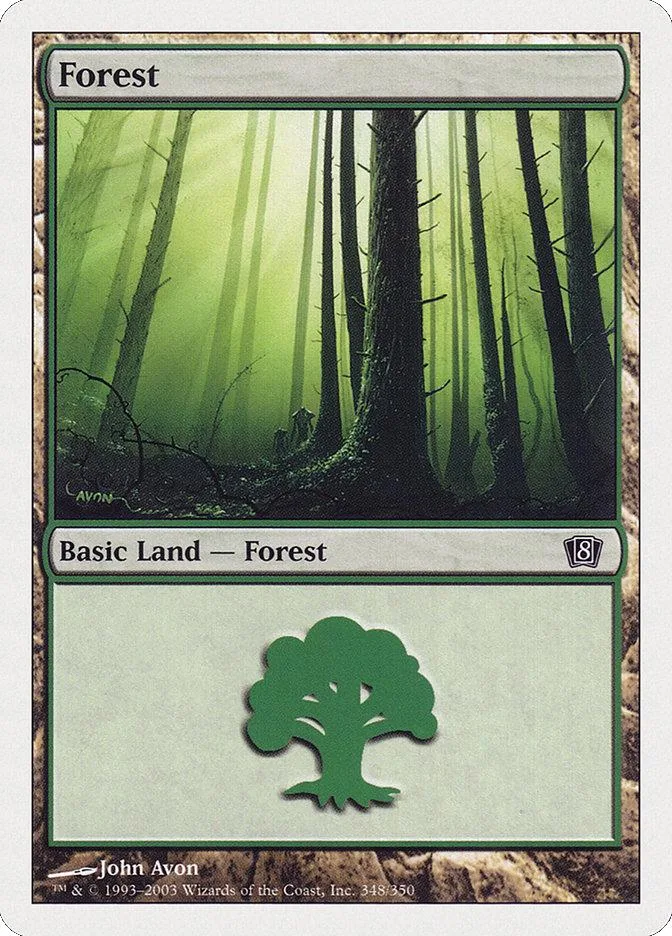 Green forest landscape on a Magic: The Gathering land card.