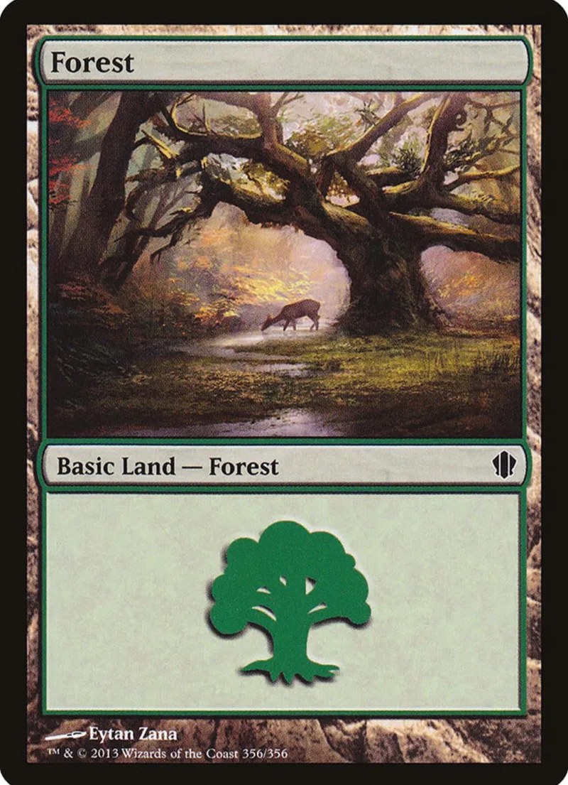 Forest land card art showing a deer in a wooded area.