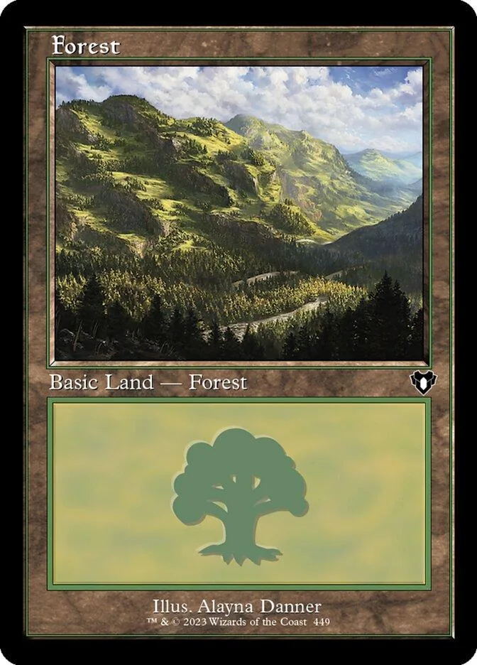 Magic: The Gathering Forest land card art showing green mountains and forest.