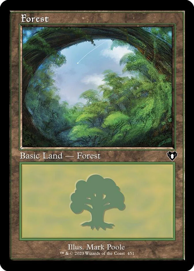 Forest land card art showing lush green forest canopy under a bright sky.